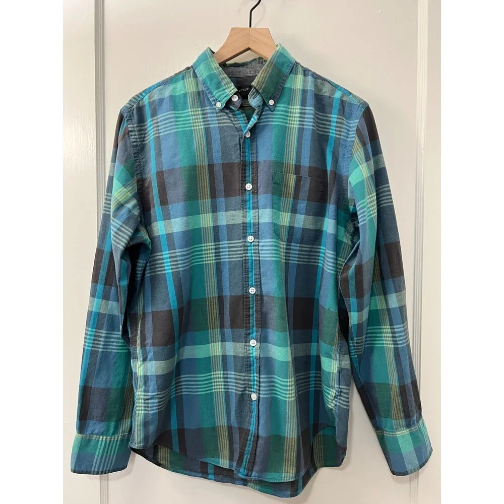 J Crew Men's Blue Yellow Green Plaid Button Down Shirt Size M *READ*